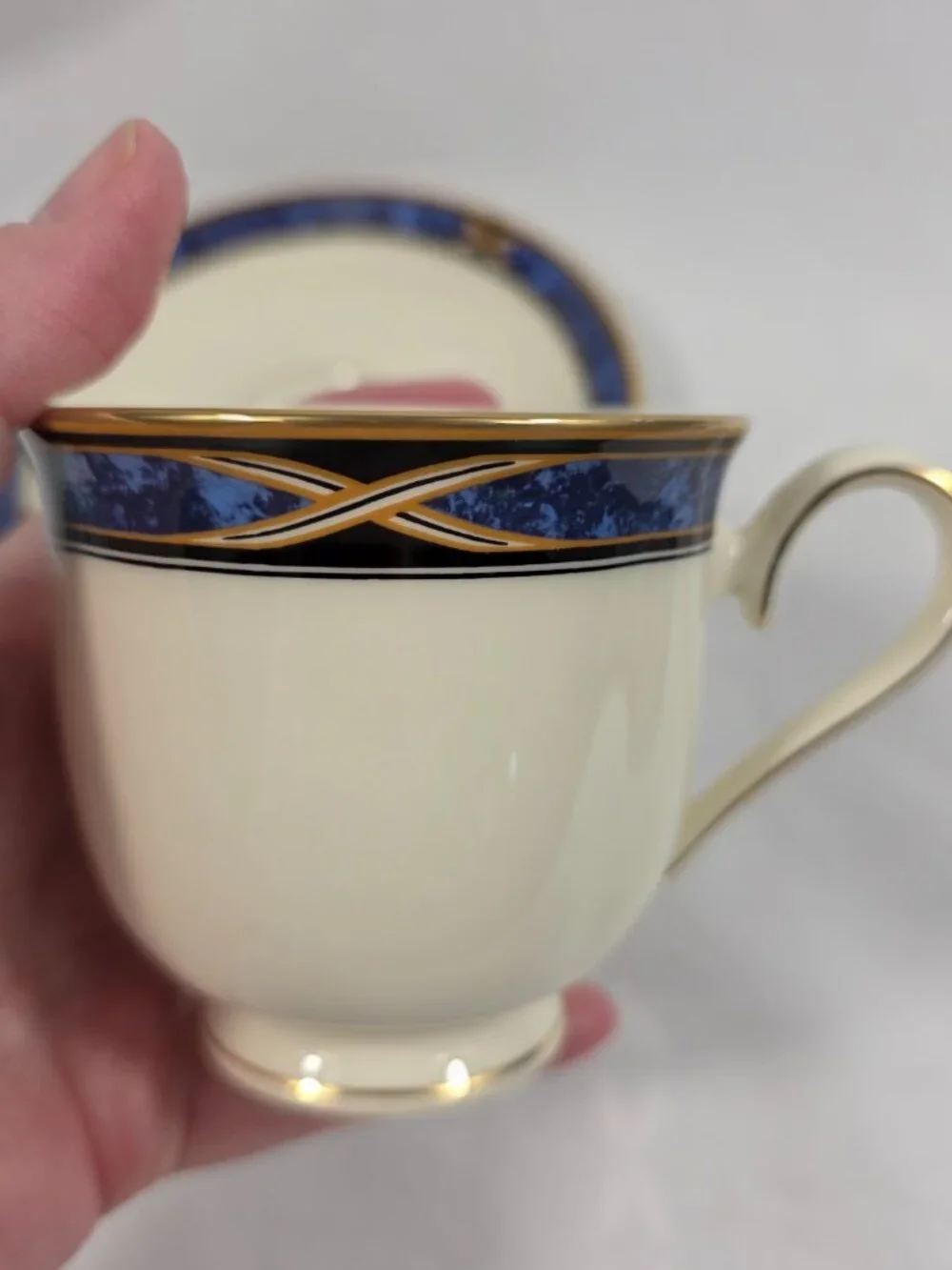 Lenox Mountain View American Home Cup & Saucer Set Blue Marble Rim